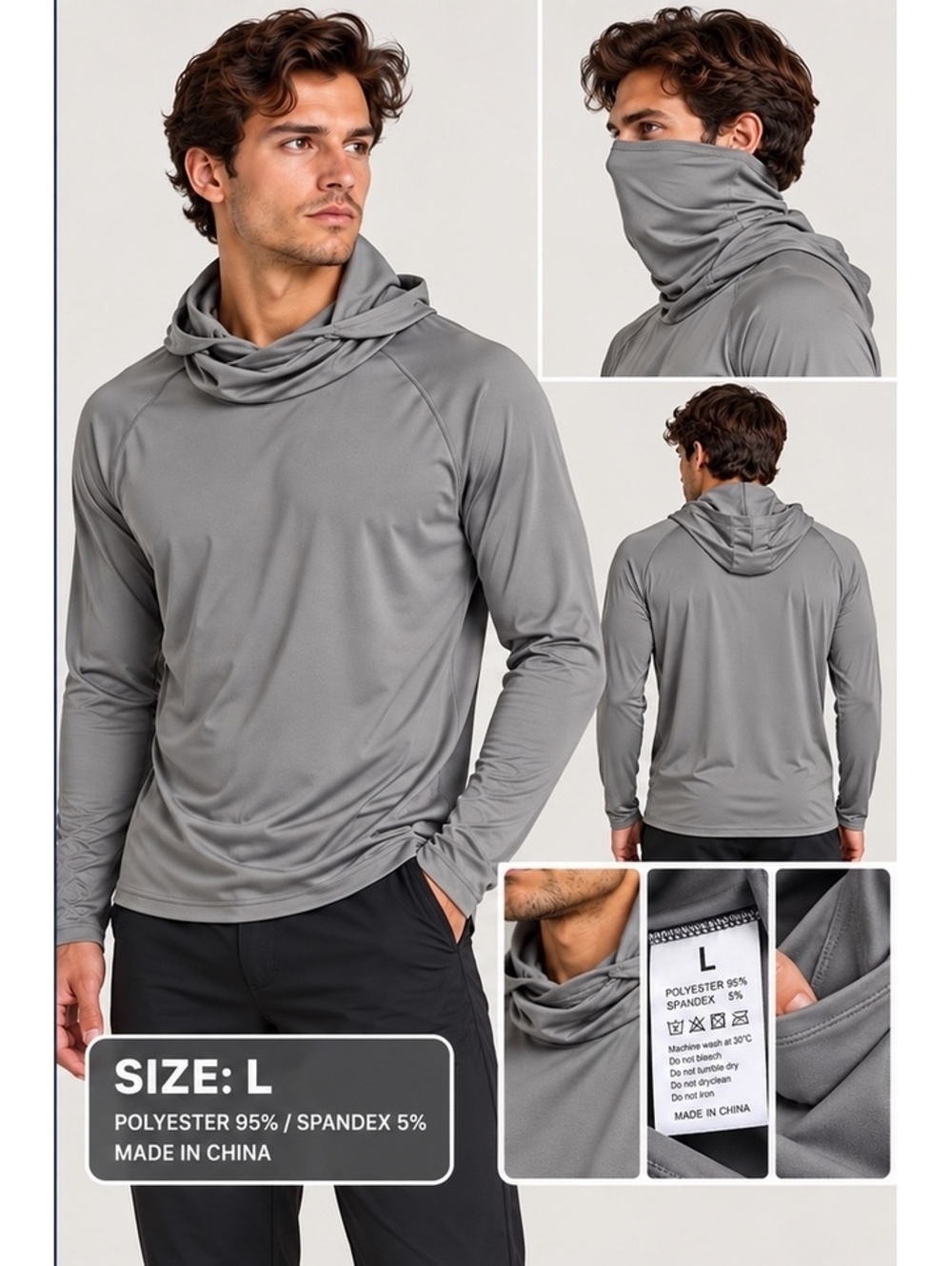 Men's gray hooded face cover long sleeve athletic top size L